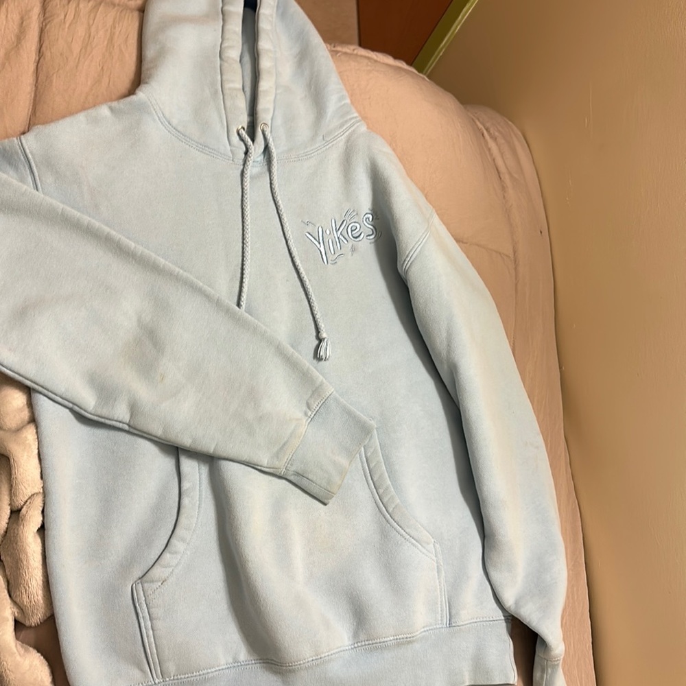 Baby blue, thick hoodie.